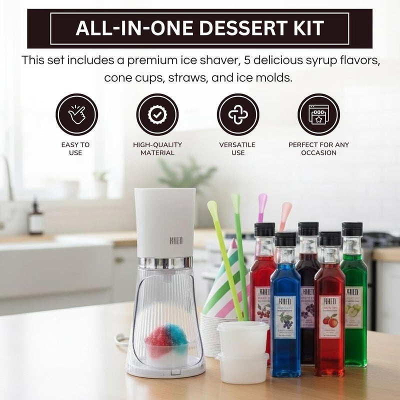 Khen Snow Cone Machine Gift Set, Electric Shaved Ice Maker Kit & 5 Syrup Flavors - With 25 Cone Cups, 25 Straws & 4 Ice Molds, Frozen Dessert Maker, Kids Adults & Parties, Birthday, Hawaiin Slushie Machine - Image 4